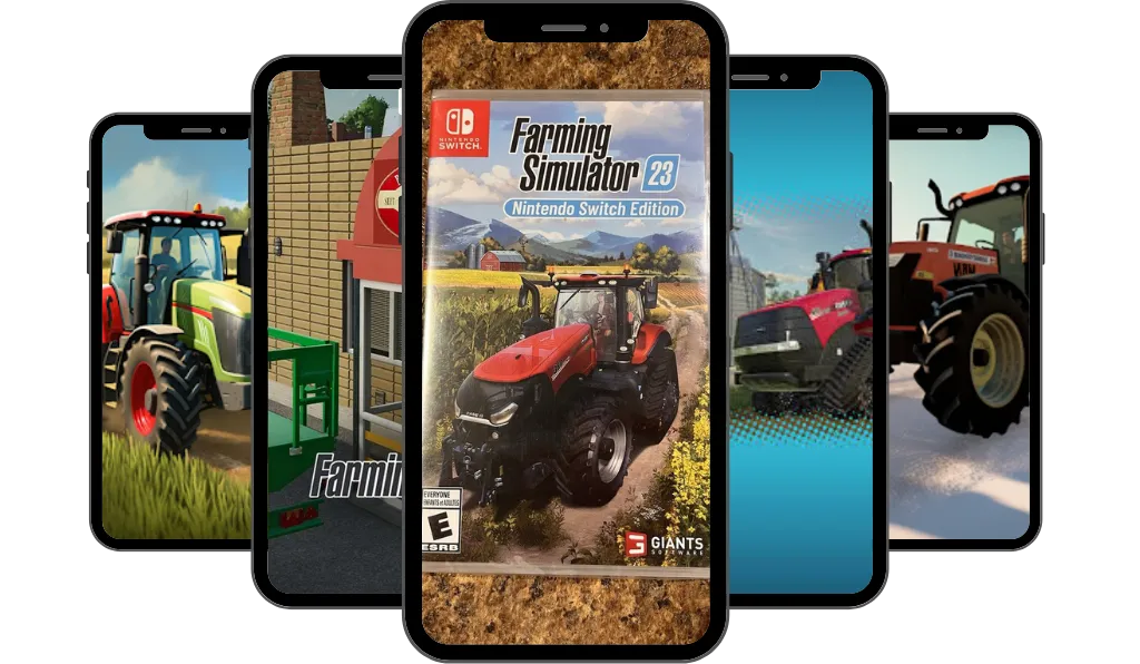 Multiple smartphone screens showcasing Farming Simulator 23 game artwork and tractors.