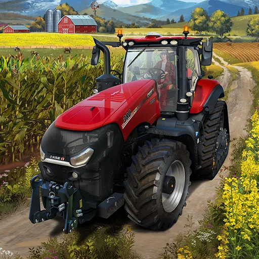 A red Case IH tractor driving on a dirt path between corn and flower fields in a rural farming landscape, inspired by Farming Simulator 23.